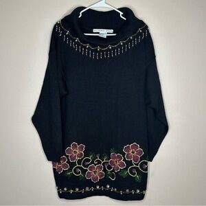 Victoria Jones black cowl neck‎ sweater floral embroidery & gorgeous beadwork L